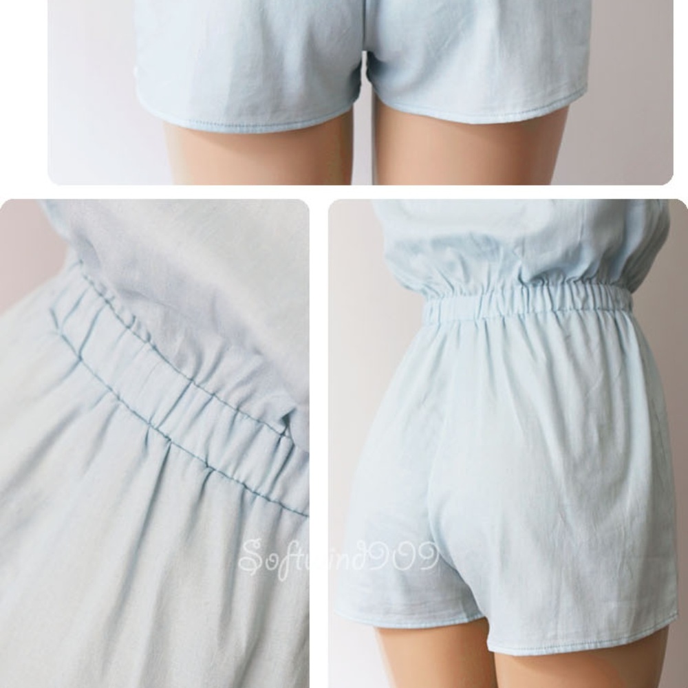 Light Blue 100% Cotton Button Up Collar Romper - Picture 6 of 8